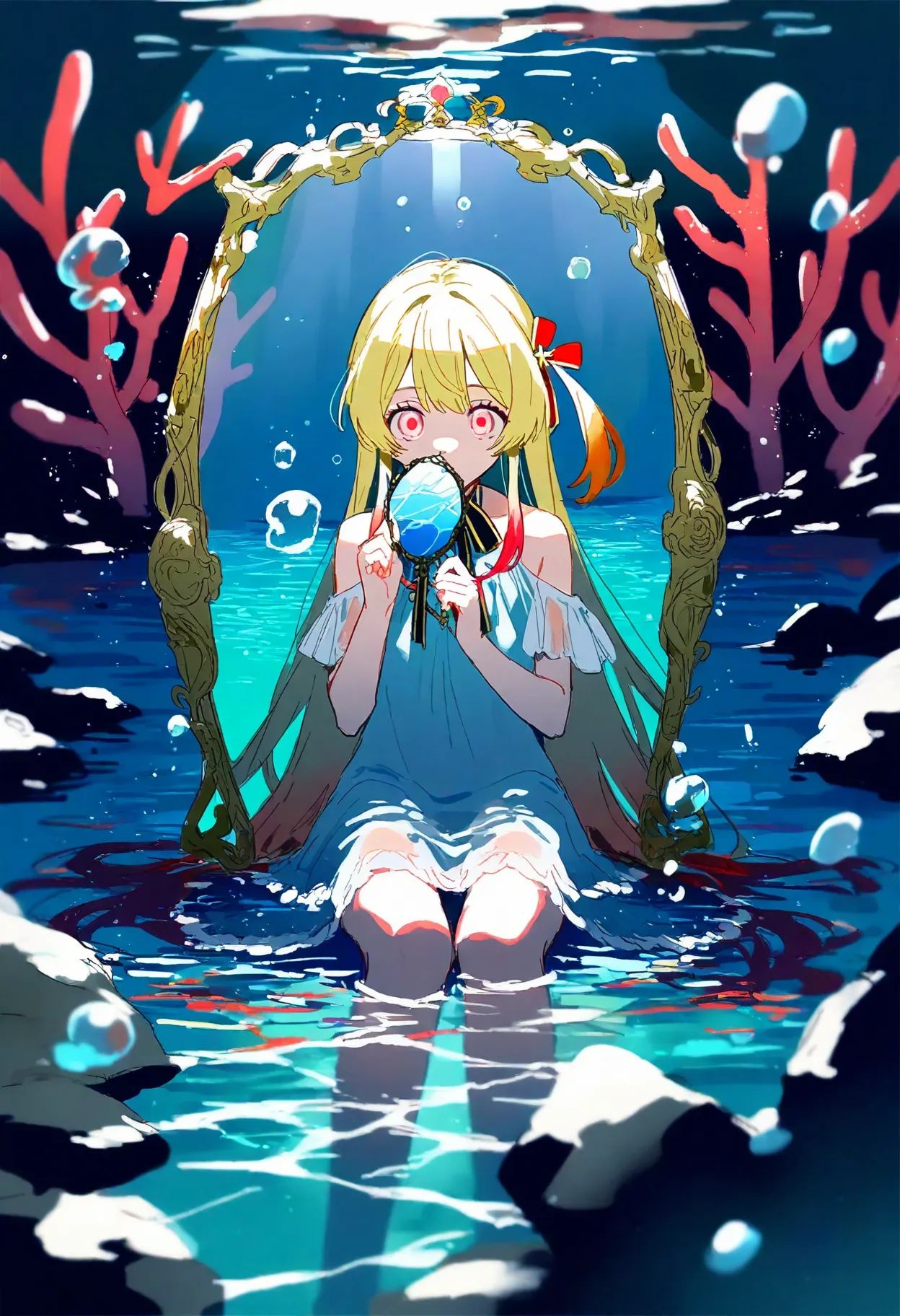 1girl, otonose kanade, long flowing blonde platinum hair, hair over shoulder, gentle red eyes, kind eyes, soft gaze, alternate uniform, blankets, aquatic dress, red aquatic dress, translucent flowing fabric, angelic dress, bare shoulders, underwater, very deep ocean, pitch black underwater, almost no light, surrounded by broken mirror shards, reflecting almost no light, holding a shard of broken mirror, looking at reflection, minimal bubbles, sparse coral, dark deep sea coral, ocean floor, abyssal ruins, best quality, amazing quality, very aesthetic, absurdres, extremely dim light, very subtle light particles, light and shadow, deep shadows, contour_deepening, depth of field, very muted colors, semirealistic, (very vibrant colors:0.5), very high contrast, sketch, vivid colors, (saturated:0.8), colorful, very high colorfulness, deep blue hues, submerged, pressure, cold atmosphere, extremely dark atmosphere, night atmosphere, very dark, abstract, sensitive, very detailed, pixiv_hq, sensitive