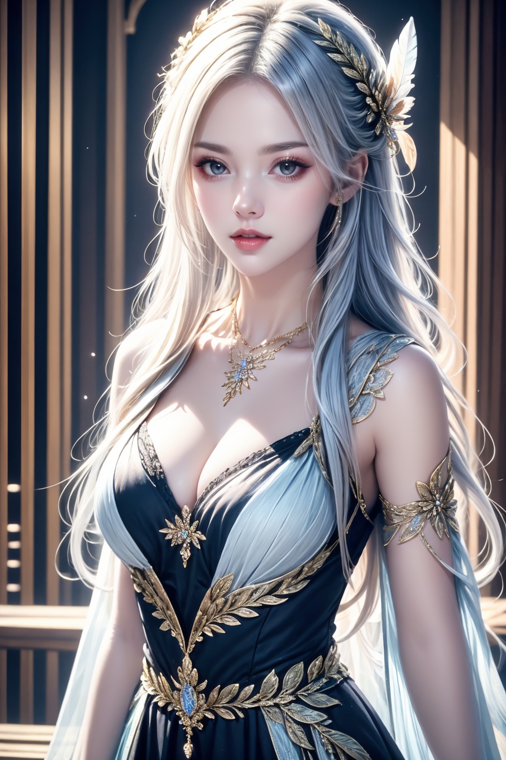 illustration, original, extremely detailed,1girl, solo, long hair, jewelry, hair ornament, necklace, breasts, dress, parted lips, looking at viewer, feathers, cleavage, black dress, pale skin, wavy hair, white hair, lips