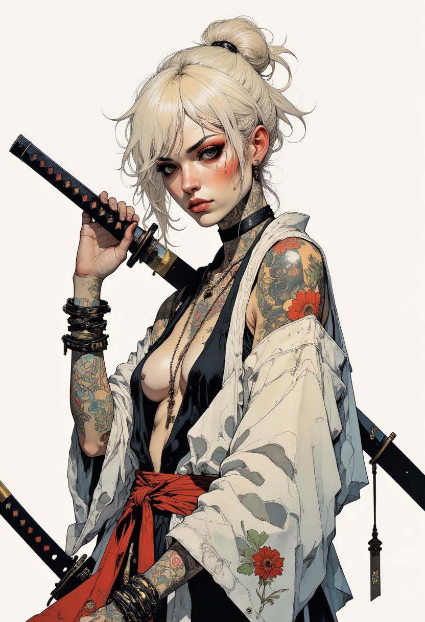This image is a highly detailed digital illustration in a realistic art style,  featuring a young woman with an androgynou...