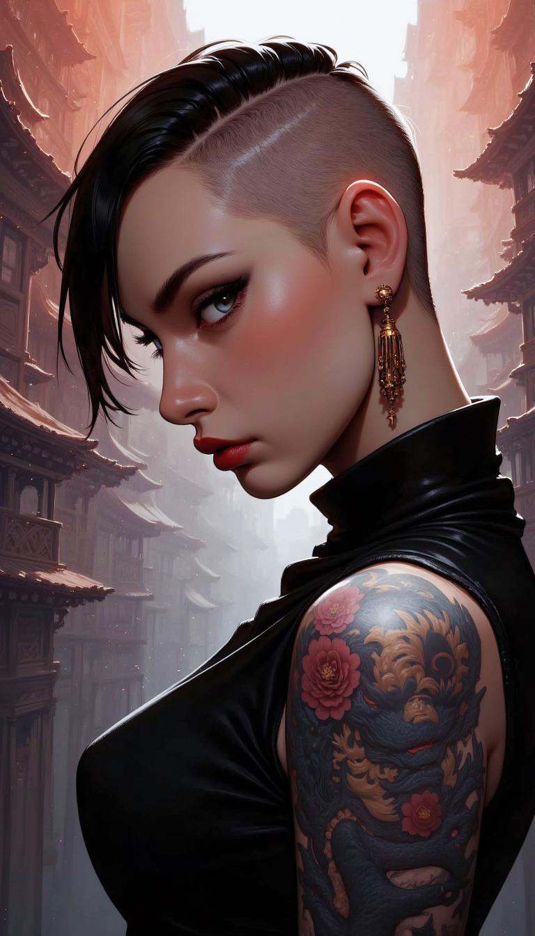 A highly detailed digital illustration in an anime style,  featuring a young woman with a striking appearance. She has a s...