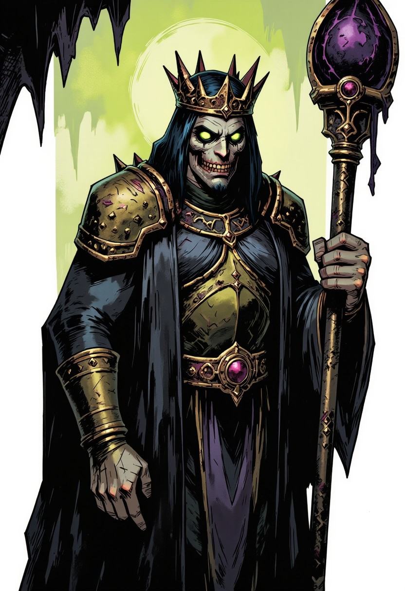 inked comic illustration in TTCSV1.0 artstyle that features A once-powerful monarch whose kingdom fell to a plague of dark...