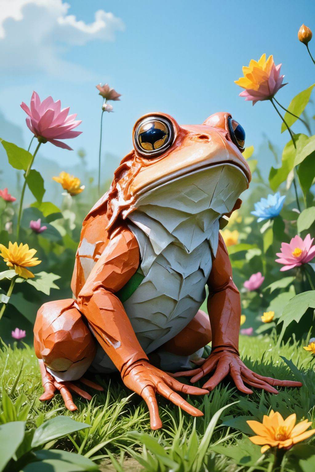 The image depicts a vibrant,  stylized frog sitting on a lush green lawn. The frog is crafted from paper-like materials,...