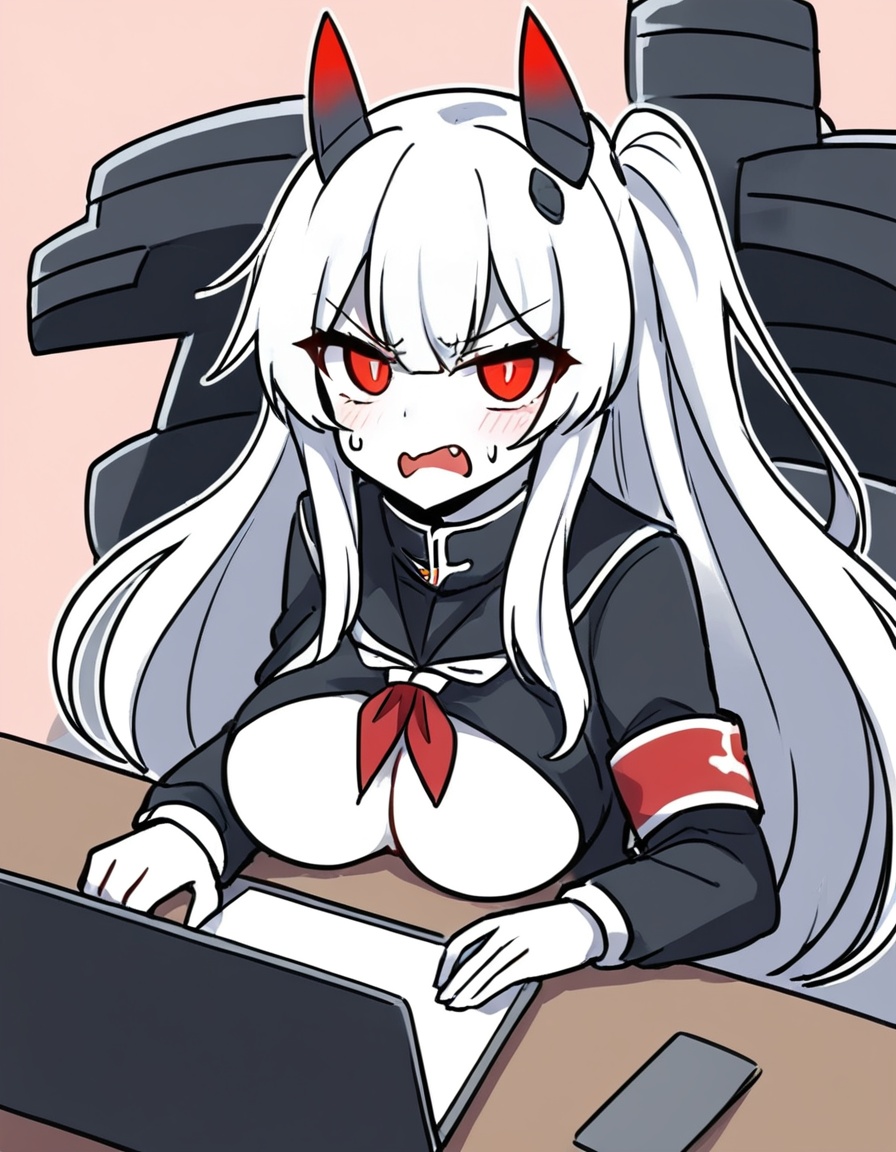 zmgwshnmspfd, 1girl, aircraft carrier oni, kantai collection,dre,zmgwshnmspfd, long hair, white hair, one side up, very long hair, breasts, colored skin, red eyes, large breasts, pale skin, white skin, laptop, computer, alternate breast size, sailor dress, thighhighs, gauntlets, black thighhighs, blush, ribbed legwear, sitting, glowing eye, zettai ryouiki, underboob, looking at viewer, glowing, solo, black dress, armband, open mouth, short dress, clothes lift, abyssal ship, shirt lift, sweatdrop<lora:zmgwshnmspfd:1>​​​