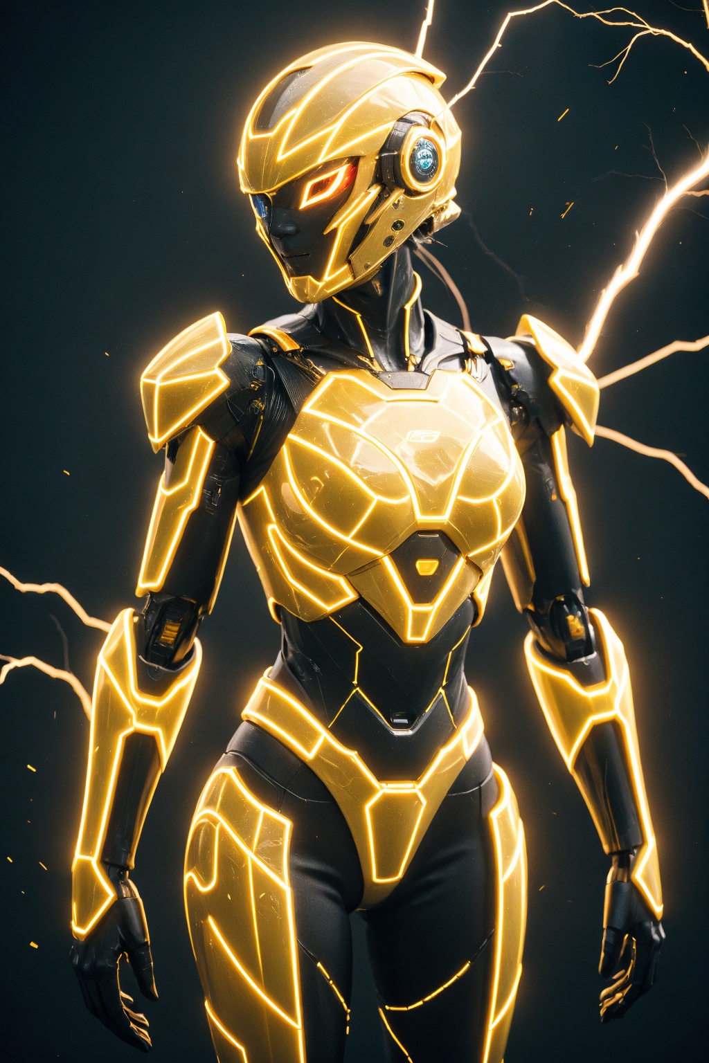 1girl, solo, glowing, electricity, science fiction, humanoid robot, glowing eyes, helmet, robot, standing, armor, cowboy shot, breasts, lightning, arms at sides, robot joints, medium breasts, orange eyes, sparks, power armor, neon trim, joints