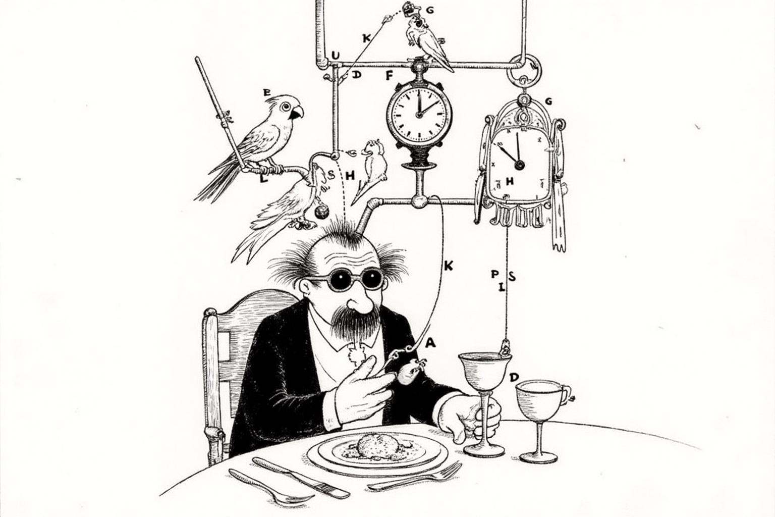 rugo1 illustration. The central figure is a bespectacled,  bearded man with a wild,  exaggerated hairstyle on Tensor.Art