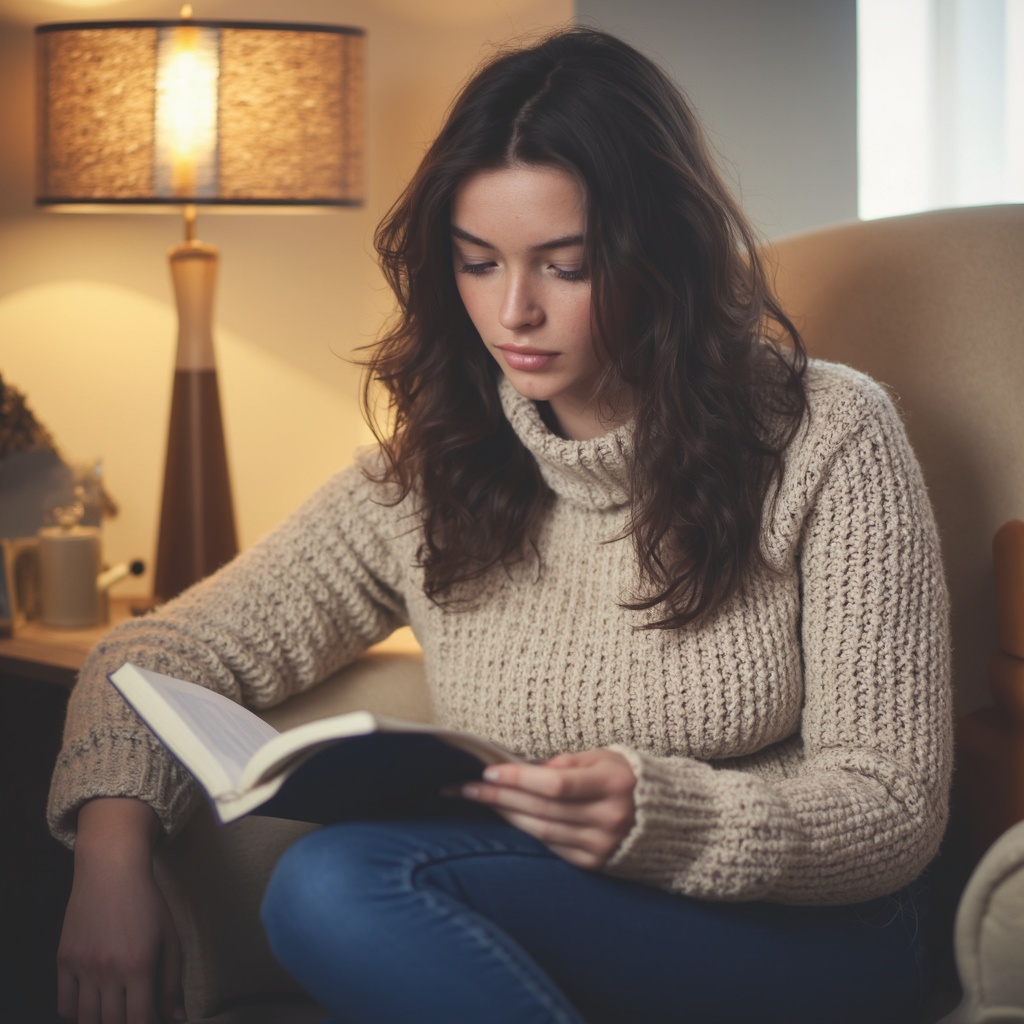 A portrait of sydney_melman seated in a cozy living room, engrossed in reading a book. She wears a textured, beige sweater and blue jeans. The room is illuminated by a warm lamp with a striped lampshade, casting a soft glow on her face. The background is softly blurred, highlighting the woman as the main subject. The image conveys a serene and contemplative mood, with the woman's relaxed posture and the book's open pages suggesting a moment of quiet reflection.