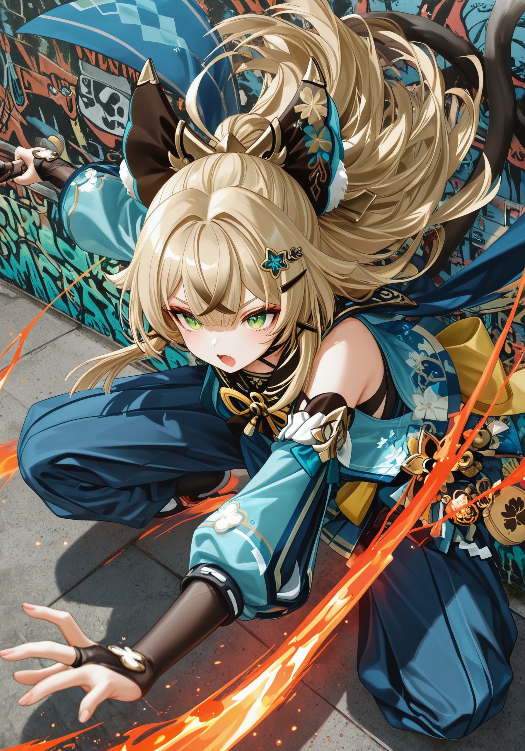 graffiti style breathtaking texture masterpiece, best quality, best quality, [quasarcake:crain1art:9], [dlgeria::9], (xxyt-xx:0.85), chen bin, (as109:0.5), fagun_yibei, berryverrine, kirara \(genshin impact\), 1girl, solo, ninja, blonde hair, cat_ears, cat_girl, panda, russian, graffiti wall, gangster, wide stance, baggy pants, mechanical wings top down close-up, masterpiece, award-winning, professional, highly detailed . street art, vibrant, urban, detailed, tag, mural