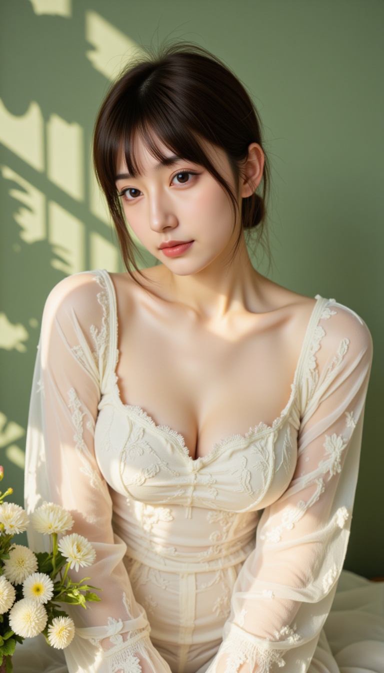 This is a photo of a young Japanese girl with fair skin and long dark brown hair tied in a loose bun. She wore a sheer,  w...