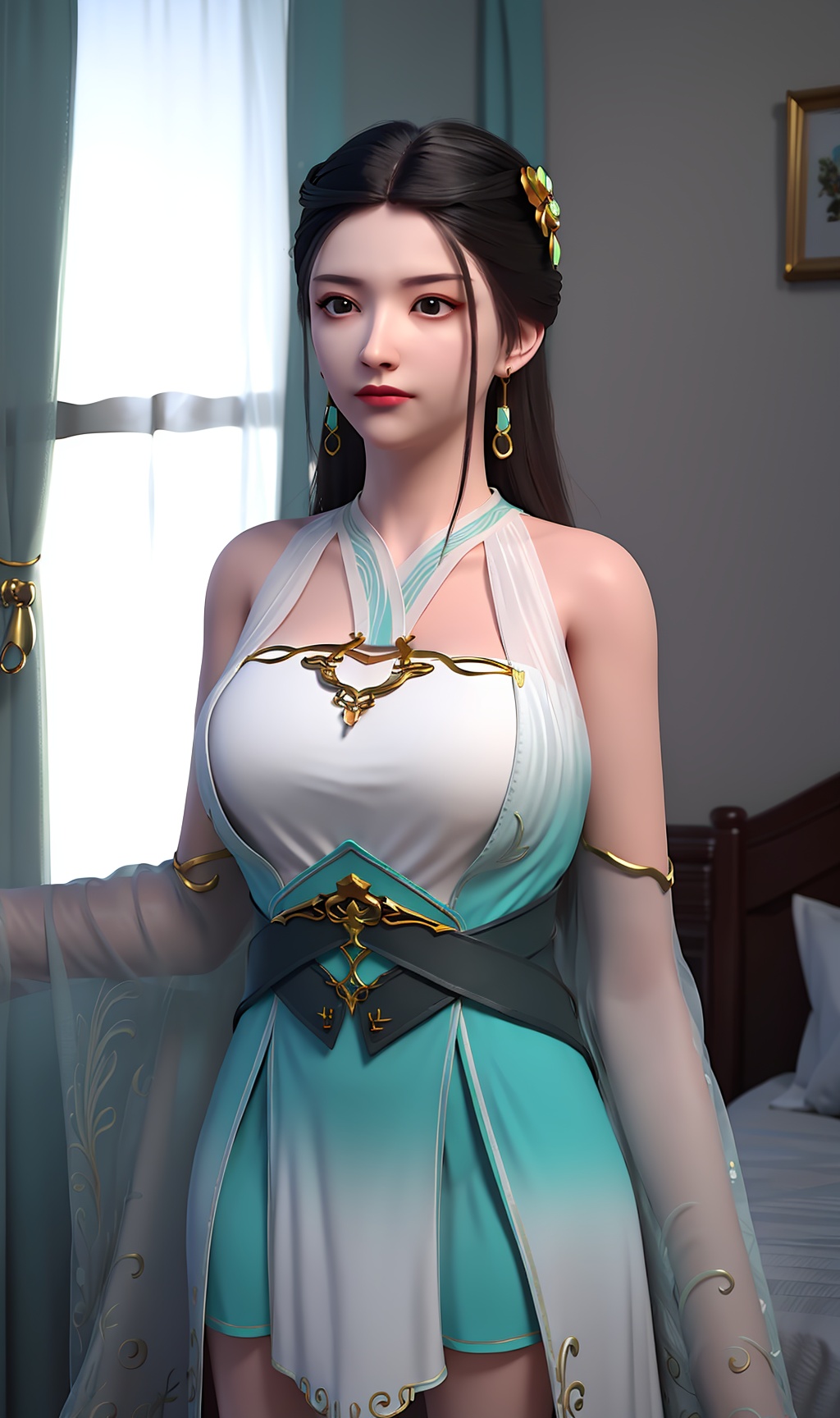 3D,masterpiece,(best quality),(makeup),official art, extremely detailed cg 8k wallpaper,((crystalstexture skin)), (extremely delicate and beautiful),(highly detailed),(face),(gold_trim),(1girl), (solo), (jewelry), (earrings),(black_hair),(long_hair),(hair_ornament),(handwear),(breasts),(standing),((upper_body)),(bare_shoulders),(closed_mouth),(off-shoulder_dress),(short_skirt),(multicolored_clothes),(multicolored_dress),(shiny_clothes),(city,indoor,bed),,((looking_at_viewer)),((Facing the camera)),, <lora:hipoly3DModelLora_v10:0.3>