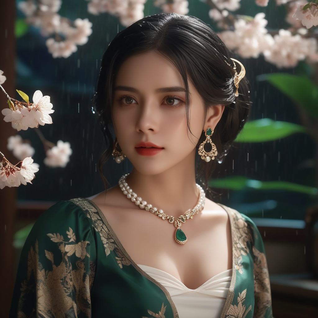 (,1girl, ,best quality, ),, ,ultra detailed 8k cg,            cinematic lighting, cinematic bloom, (( , )),,  , unreal, science fiction,  luxury, jewelry, diamond, pearl, gem, sapphire, ruby, emerald, intricate detail, delicate pattern, charming, alluring, seductive, erotic, enchanting, hair ornament, necklace, earrings, bracelet, armlet,halo,masterpiece, (( , )),,  ,cherry blossoms,(((, night,night sky,,  ultra high res, (photorealistic:1.4), raw photo, 1girl, , rain, sweat, ,wet, )))(( , ))   (cleavage),kneeling,  butterfly, <lora:823-DA-XL-国模-恶女-VIVI:0.8>,