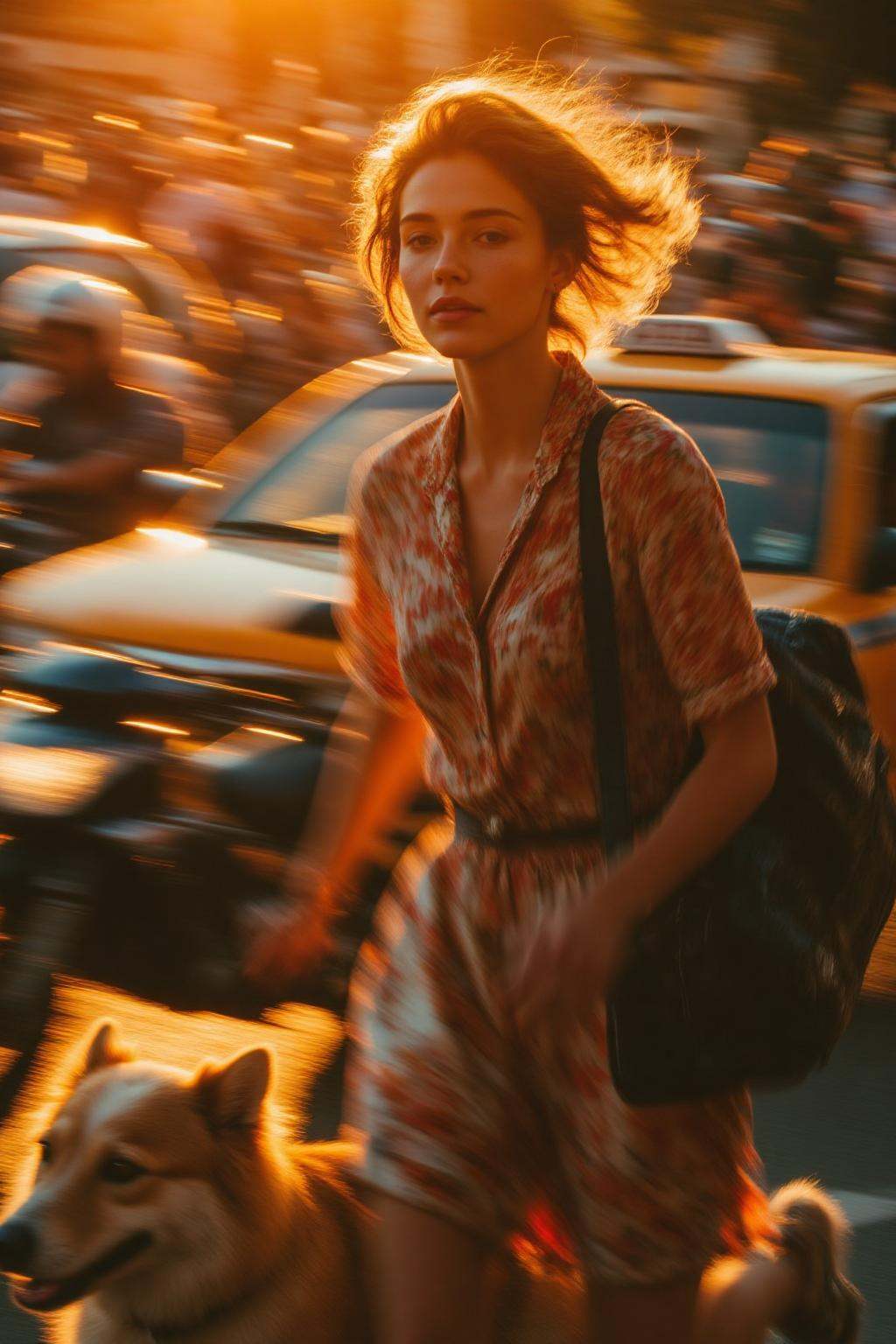 midjourney analog photograph.A young French woman,  shown in 3/4 view,  running in a busy urban environment at golden hour...