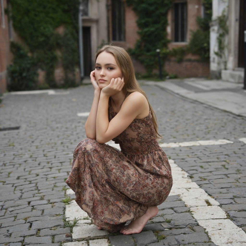 A portrait of lily_depp seated on a cobblestone street. She wears a sleeveless dress with a paisley pattern in shades of b...