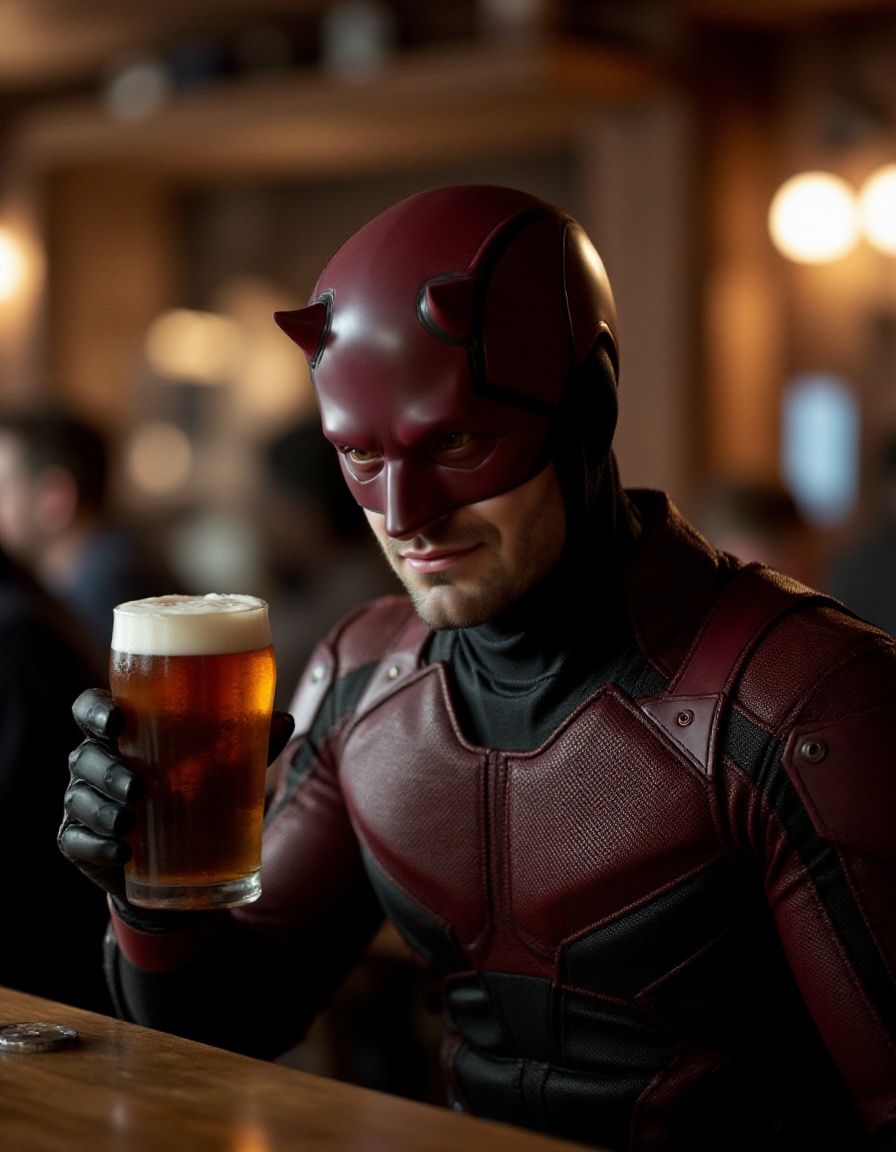 daredevil,  a aman with helmet and mask. He holds a beer in a pub on Tensor.Art