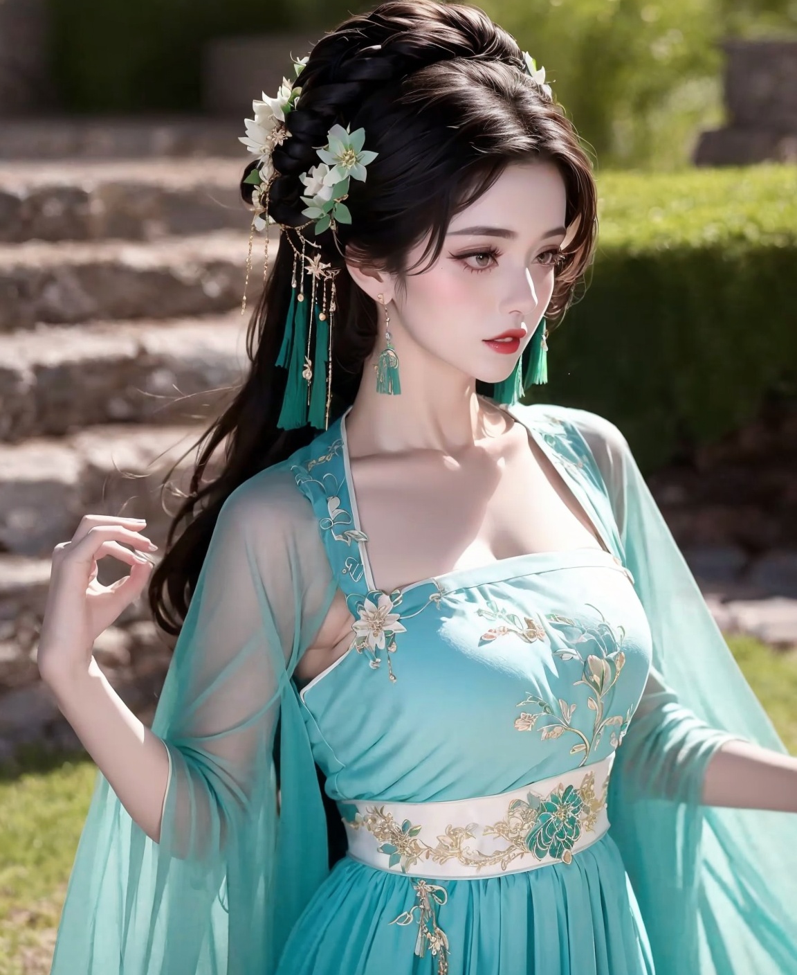 1 girl, Diamond earrings ,,, Moisturizing red lips，Heavy makeup eye shadow，with heavy makeup, hair ornament, flower, , black hair,  ,, , hair bun, ,，transparent，embroidery，jewelry, , , bracelet,，solo，red lips，dress，Colorful Wisteria Garden ，，chest，Hanfu，Upper half photo，，close-up，  hair ornament, dress, long hair, brown hair, green dress, water, blurry background, long sleeves, flower, blue dress, chinese clothes, blurry，     <lora:浅蓝色汉服1.1:1>