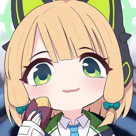 <lora:chibiportrait3_ill-xl-000200:1>,chibi,portrait,:3,white background,simple backgound,1girl,midori \(blue archive\),blue archive,aiamu iamu,holding food,holding,hooded jacket,food,sidelocks,:d,collared shirt,blurry,long sleeves,puffy sleeves,headphones,blue bow,hand up,necktie,halo,looking at viewer,jacket,sleeves past wrists,blush,nail polish,blue necktie,animal ear headphones,blurry background,blonde hair,shirt,green eyes,hood down,open clothes,depth of field,hood,smile,white jacket,fake animal ears,bow,puffy long sleeves,open jacket,solo,dress shirt,animal ears,white shirt,blue nails,hair bow,long hair,drawstring,sweet potato,