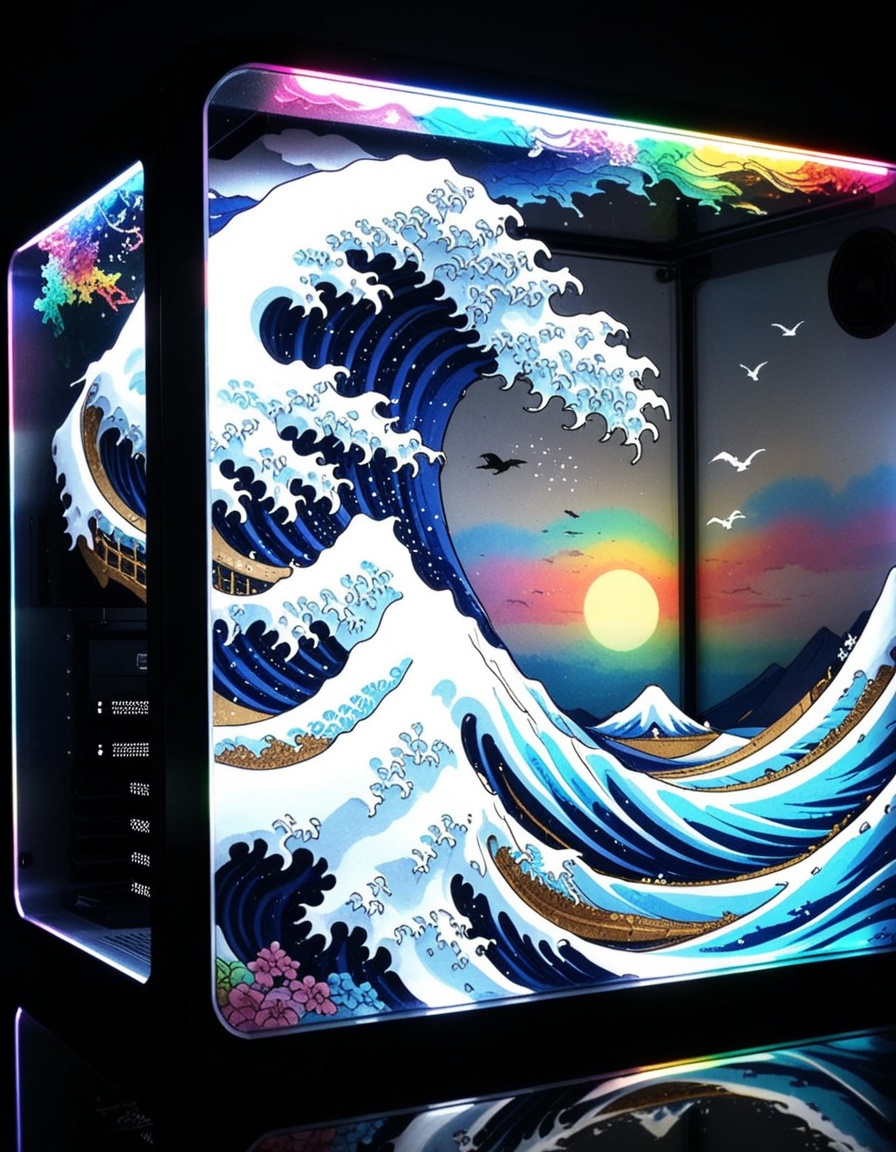 (The Great Wave off Kanagawa) ITX PC build hyper realistic,  computer case with a colorful light on it,  rainbow leds on T...