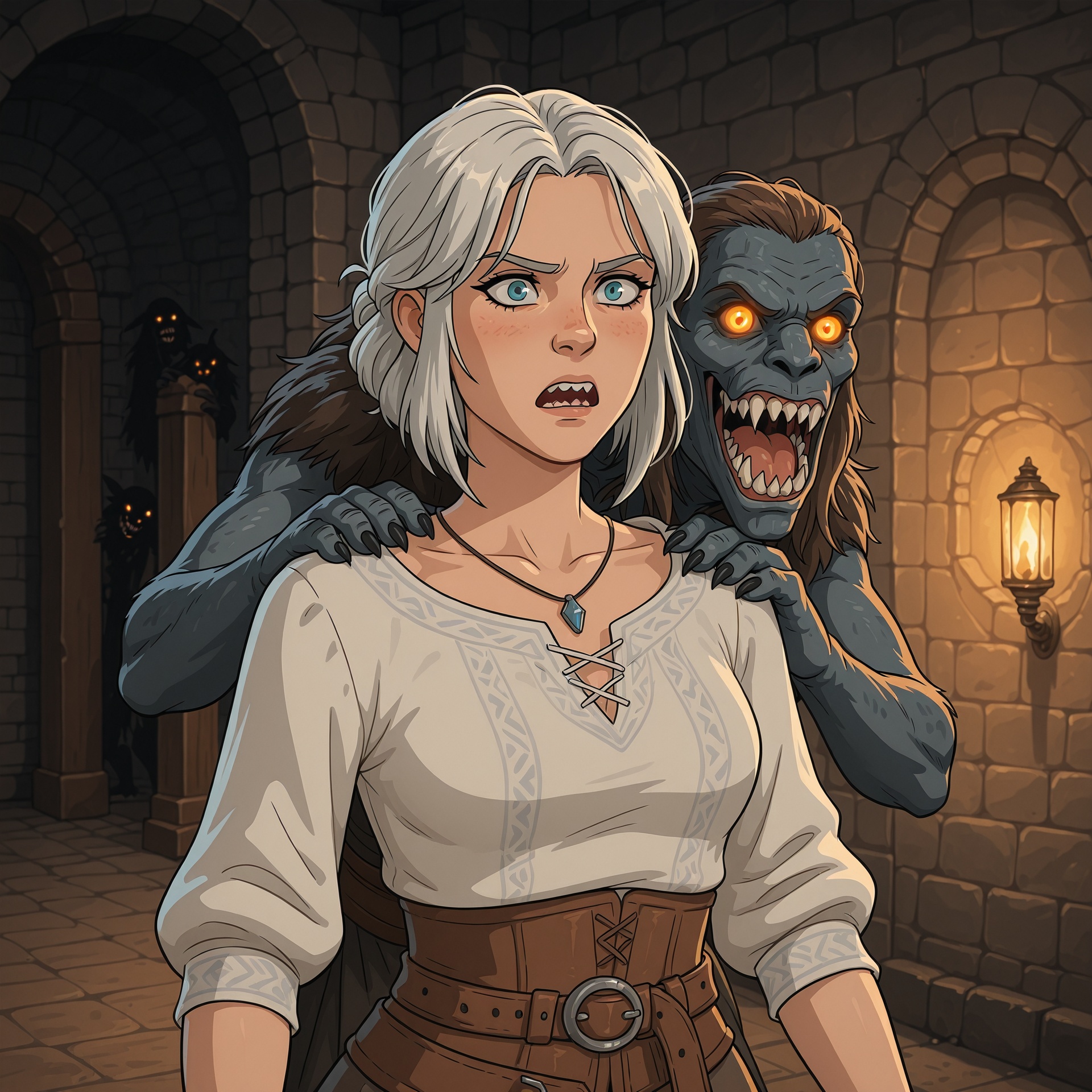 dynamic low-angle three-quarter shot of Ciri from The Witcher running away,  her face filled with fear and determination,...