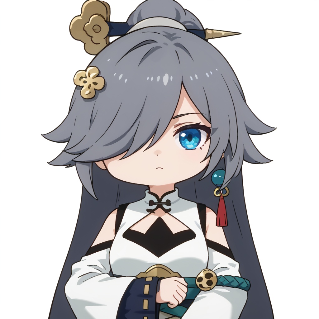 (white background:1.2),looking at viewer,(SOLO:1.4),outline,simple background,upper body, cowboy shot,looking at viewer,(((arms at side))),    fu_hua_animever, fu_hua,shoulder armor, hair ornament,hair over one eye,grey hair,blue_eyes, bangs, chibi<lora:yunmo-renou-pony:0.8>