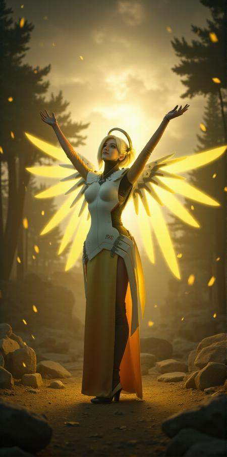 Mercy,  a woman with a halo and wings,  is standing opened arms like a godly figure in a mystical scenery on Tensor.Art