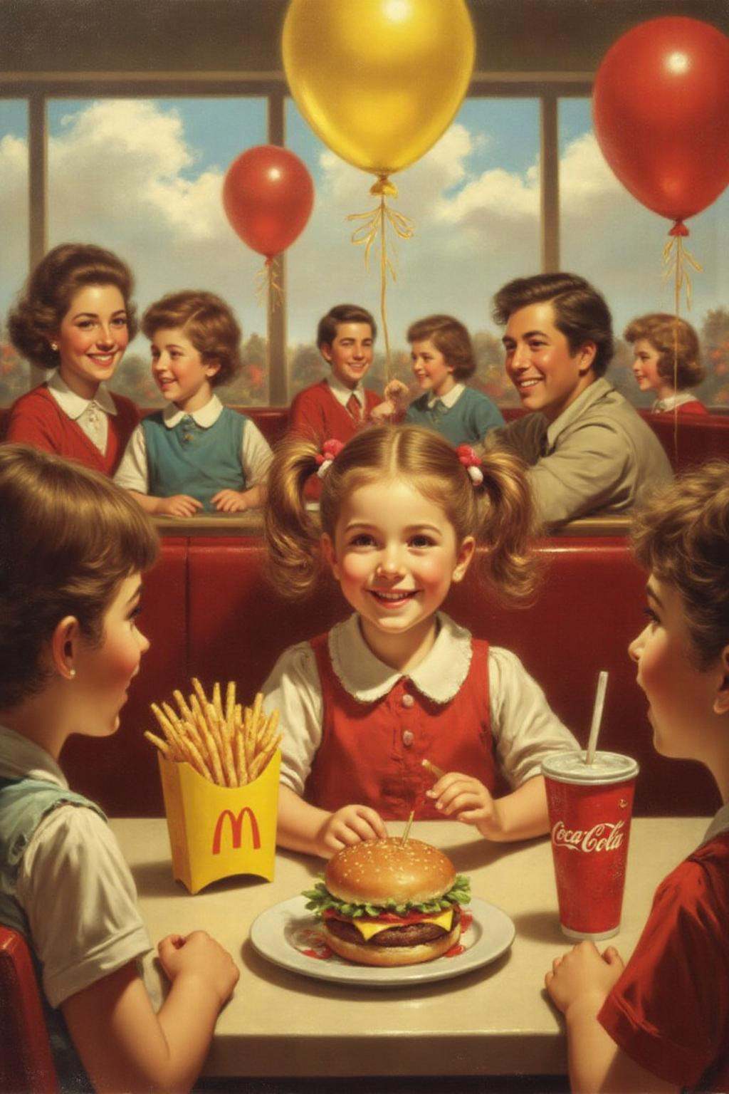 jore1 painting of a four-year-old girl with twin pigtails is celebrating her birthday at McDonald's,  a place that feels l...