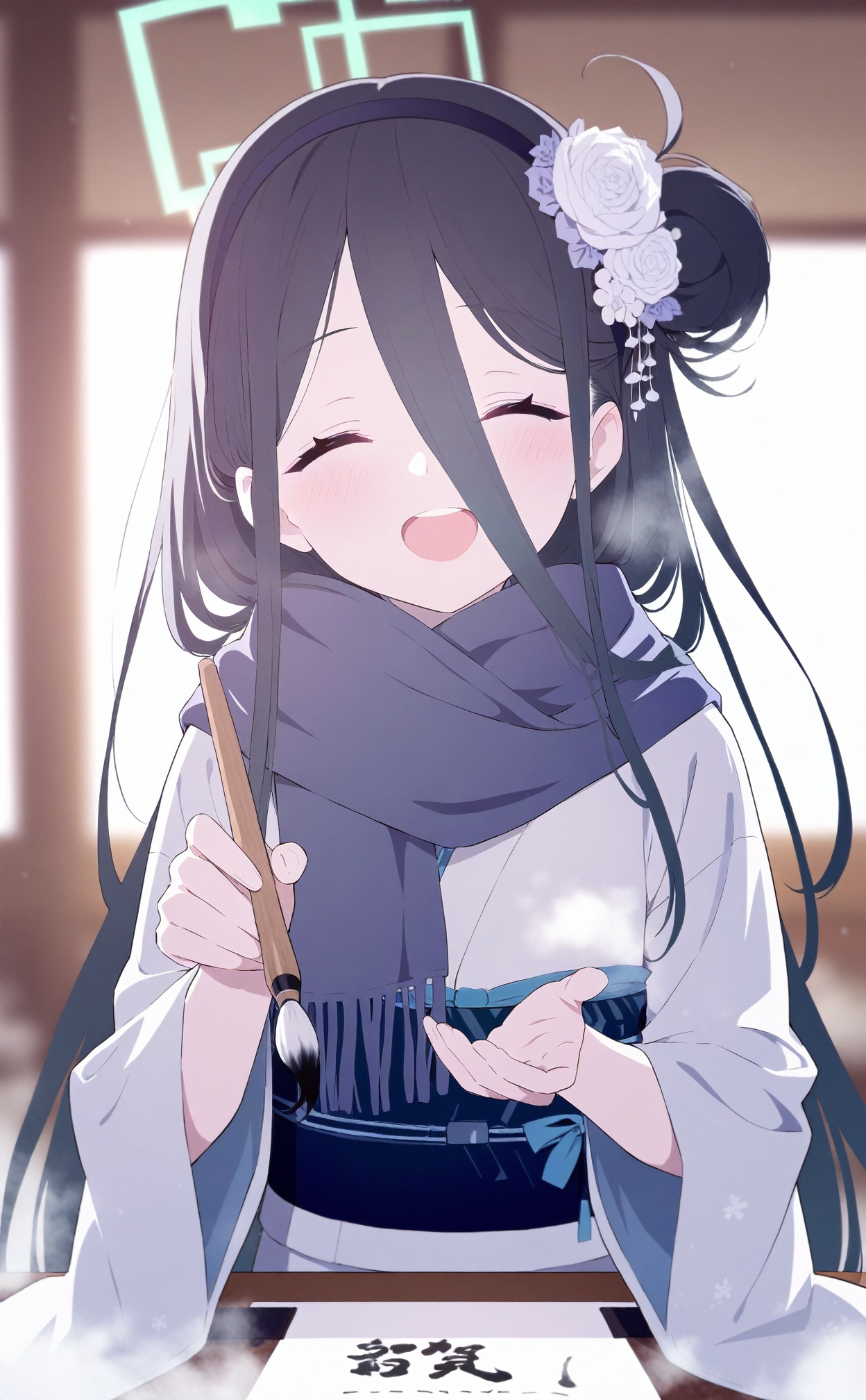 masterpiece,best quality,high quality,loli,steam censor,1girl, aris \(blue archive\), halo, solo, kimono, hair ornament, closed eyes, japanese clothes, smile, hair flower, long hair, flower, scarf, black hair, open mouth, holding, upper body, paintbrush, blush, long sleeves, white kimono, hair between eyes, calligraphy brush, hairband, new year, sash, obi, facing viewer, holding brush, happy new year, blue scarf, teeth, very long hair, wide sleeves, upper teeth only, blurry, snow