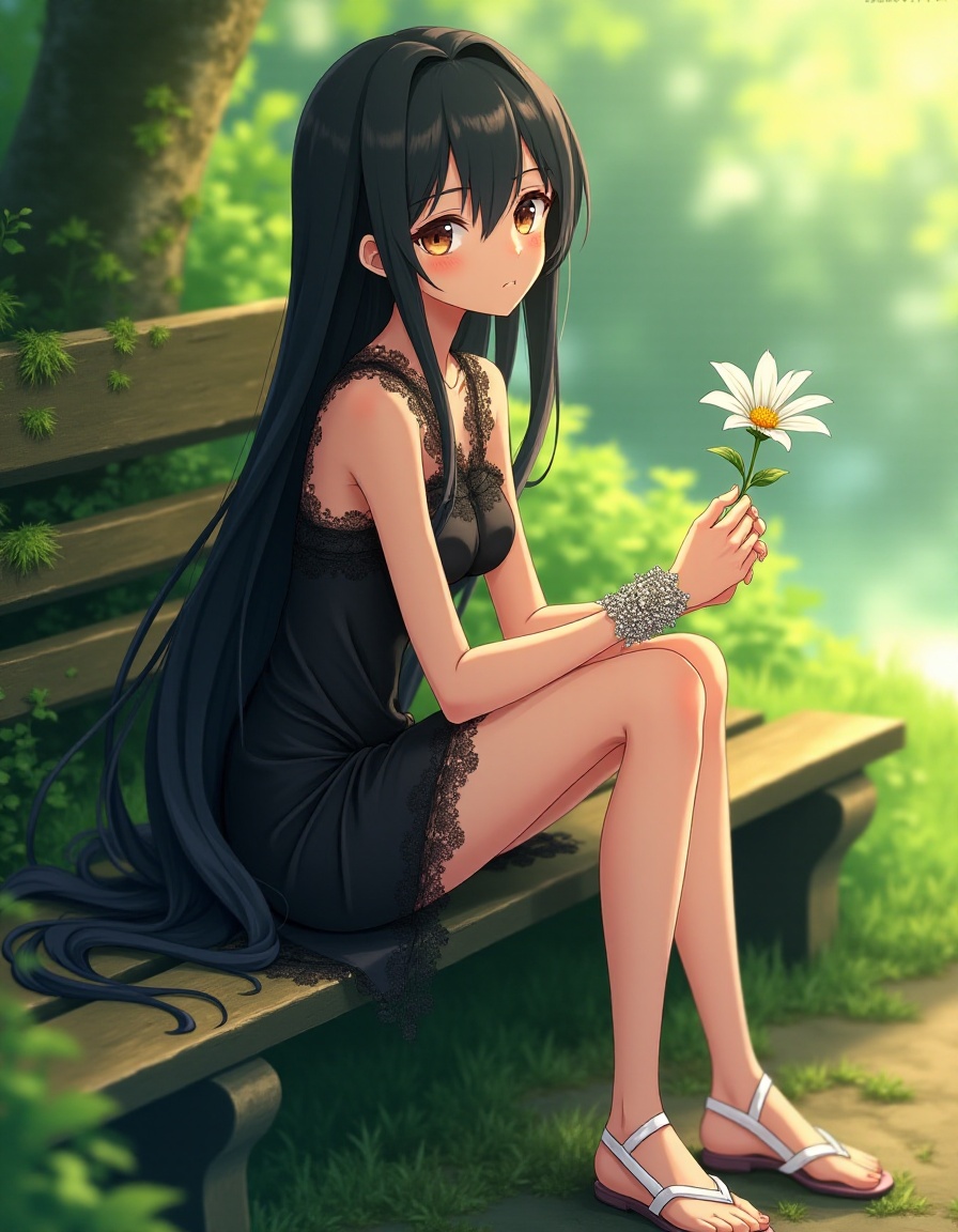 anime artwork A serene scene unfolds as the woman sits alone on a weathered,  moss-covered wooden bench,  surrounded by lu...