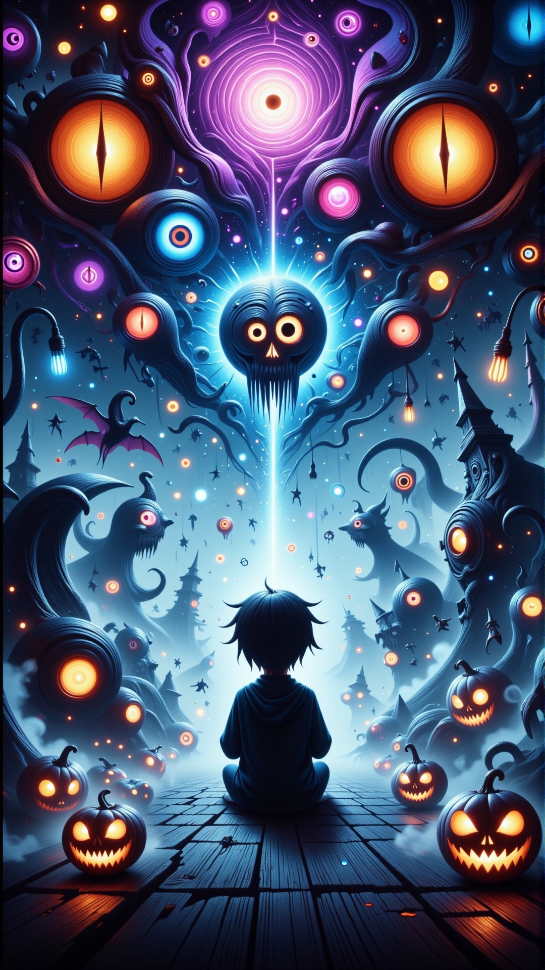 HalloweenGlowStyle high-spirited themed A person's mind and memory journey,  abstract shapes and colors,  thoughts and mem...