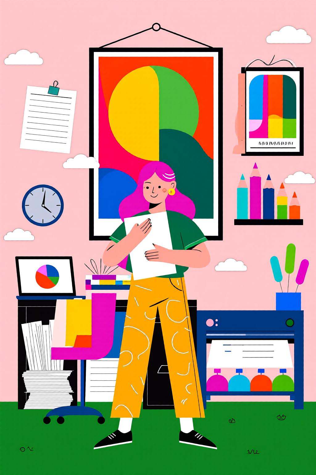 flatcolorvectorart2q illustration.A young woman with long wavy pink hair is standing in front of a large printer,  holding...