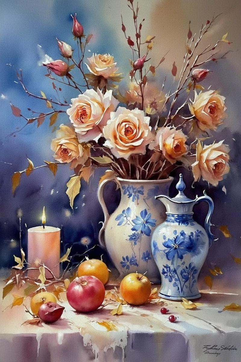A still life watercolor that displays Thomas Schaller's signature style,  the painting depicts a vase filled with roses an...