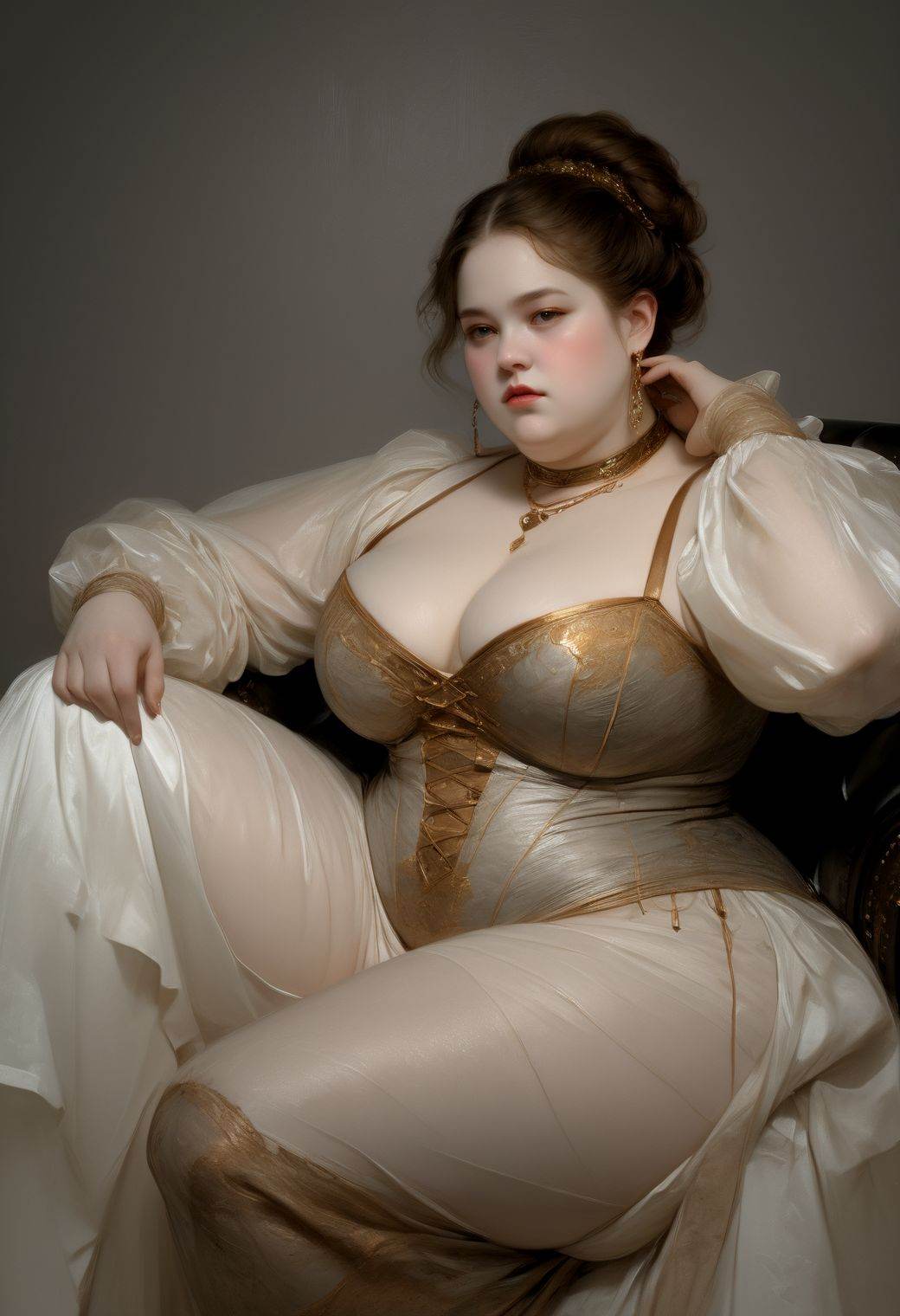 A Renaissance-inspired painting of a fat gorgeous woman lounging on a grand,  upholstered chaise in a dimly lit study,  dr...