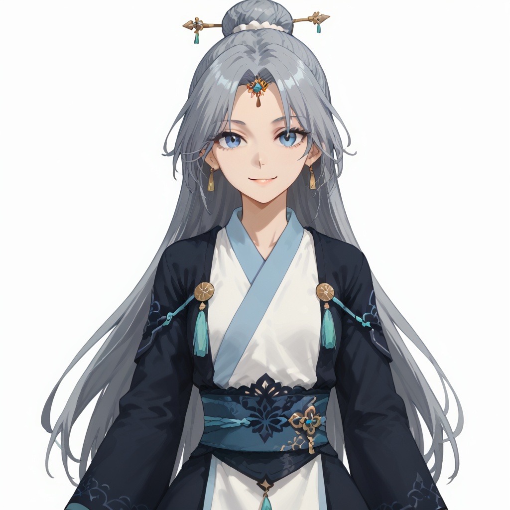 (white background:1.2),looking at viewer,(SOLO:1.4),outline,simple background,upper body, cowboy shot,looking at viewer,(((arms at side))),  fu_hua_fusheng,long hair,bangs,blue eyes,parted bangs,hair bun,hair ornament,grey hair,blue hair,smile,earrings,single bun,<lora:浮生仙人-pony:0.8>
