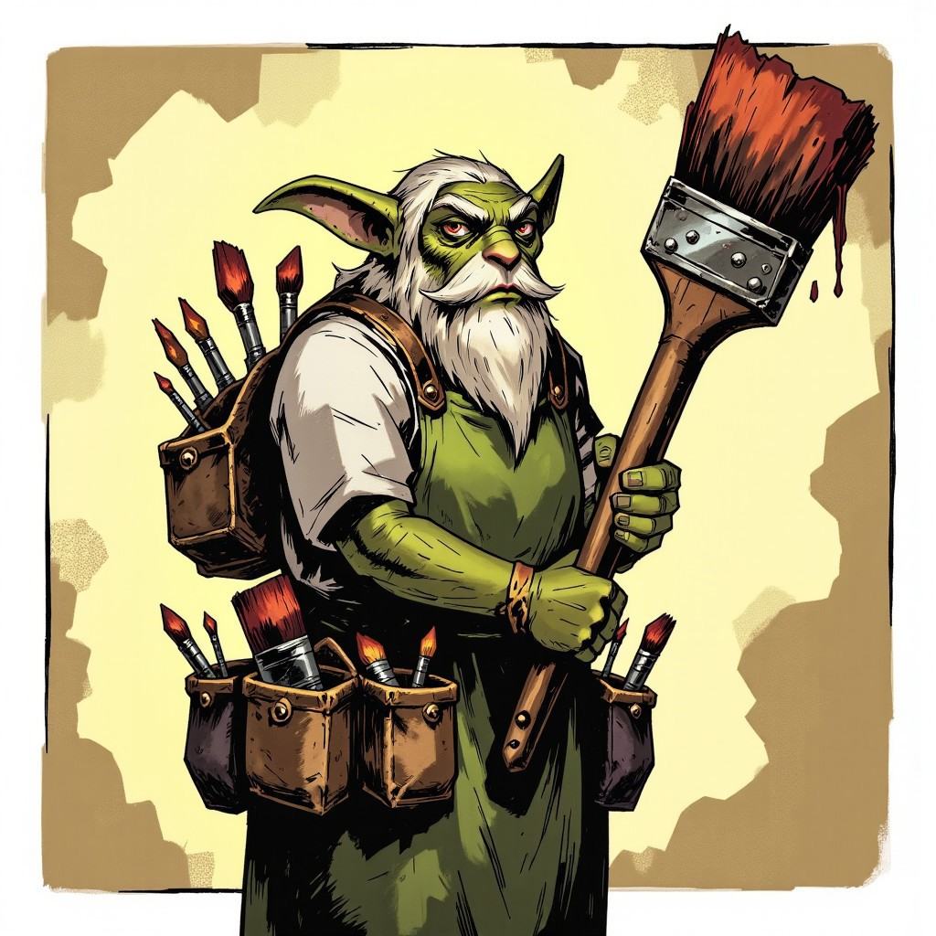 inked comic illustration in TTCSV1.0 artstyle that featuresa a green skined gremlin with long white beard,  gremlin hold a...