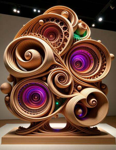 A stunning wood sculpture with a complex fractal design displayed in a sleek New York gallery. The sculpture features intricate, repeating patterns of spirals and geometric shapes, crafted entirely from smooth, polished wood. Its organic, yet mathematically precise design reflects the beauty of natural fractals. The gallery's spotlight highlights the structure, casting shadows that emphasize its intricate detail. The sculpture is illuminated by neon purple, green, and orange LED lights, embedded within the wooden forms, creating a mesmerizing glow that enhances the futuristic vibe. The vibrant neon colors reflect off the polished wood, giving the sculpture a dynamic, almost ethereal presence in the space<lora:ral-frctlgmtry_flux:0.8> ral-frctlgmtry <lora:woodfigurez:0.8> woodfigurez