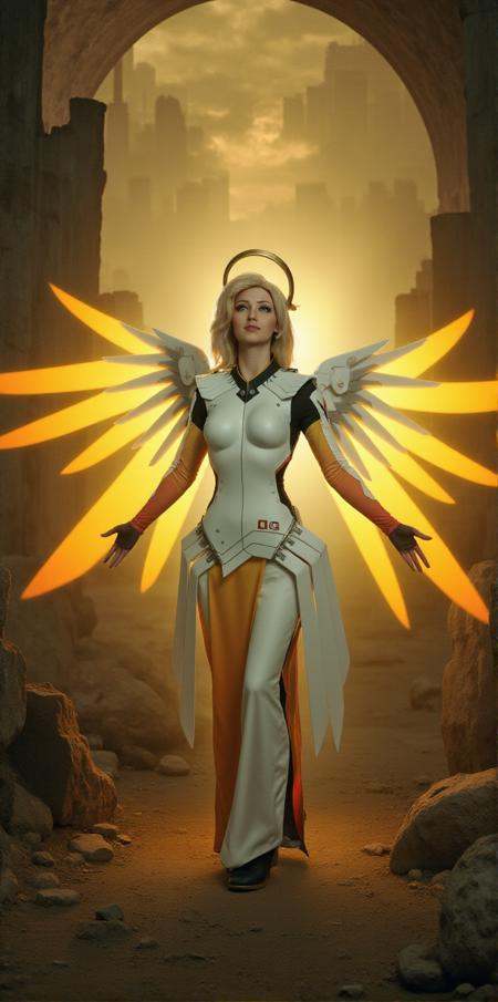 Mercy,  a woman with a halo and wings,  is standing opened arms like a godly figure in a mystical scenery on Tensor.Art