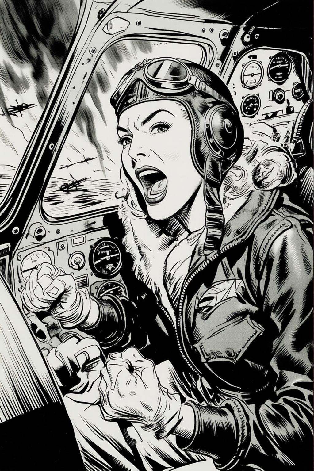 alexraymond2q illustration. Black and white drawing. A female pilot screaming inside the cockpit of a World War II bomber....