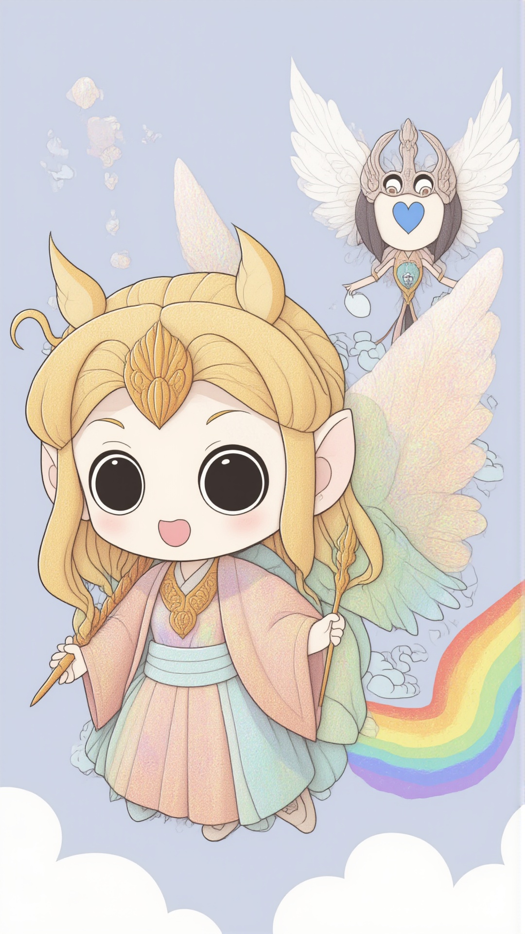 kawaii style Iris,  the goddess of the rainbow and messenger of the gods. A vibrant figure dressed in iridescent robes,  w...