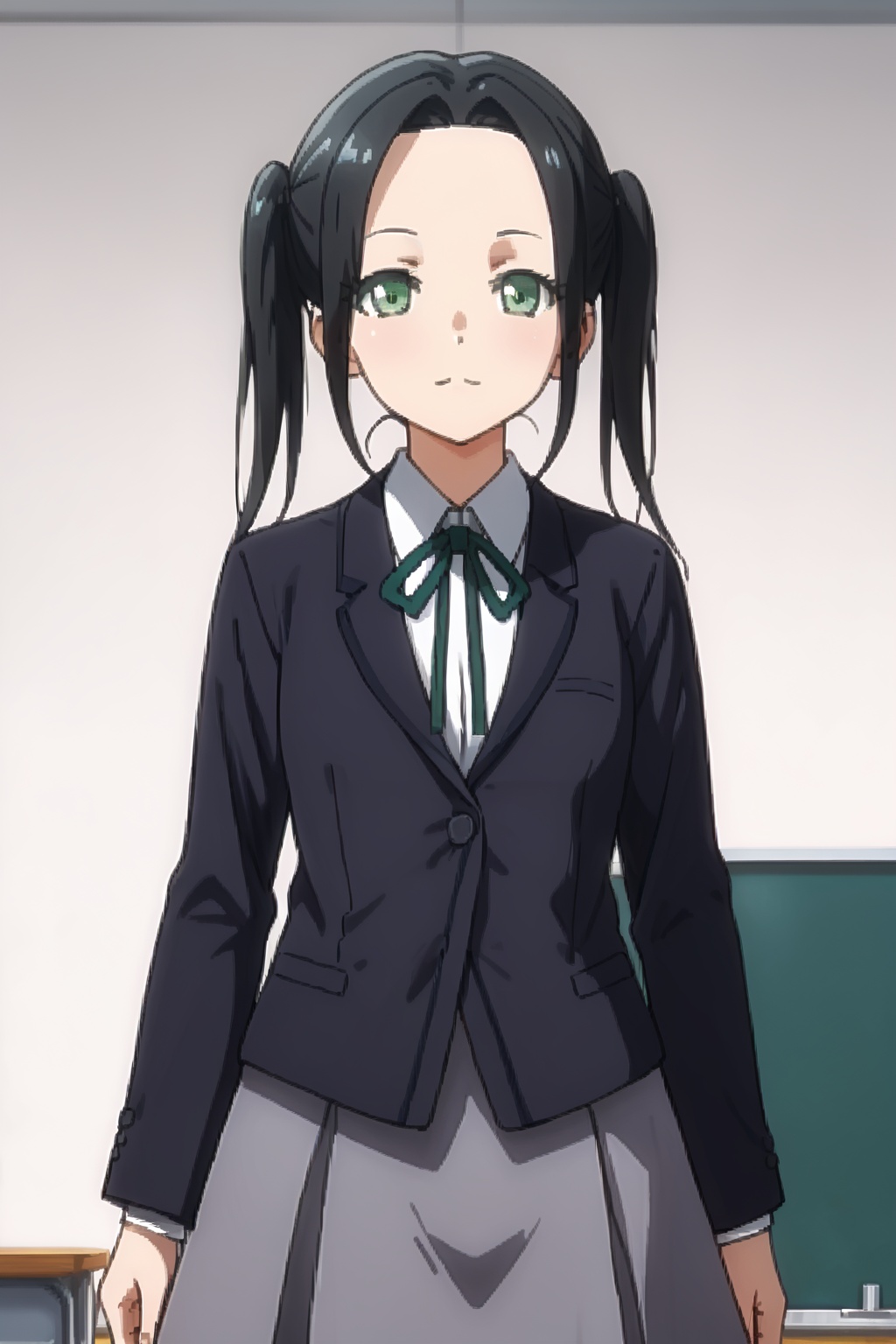 kawabata mayu, 1girl, black hair, twintails, green eyes, school uniform, skirt, looking at viewer, :o<lora:users_LORA_641370459925040087_17ed5ecb-dd2f-4e28-8e82-aa1593a2a88e.by_tusi:0.8>