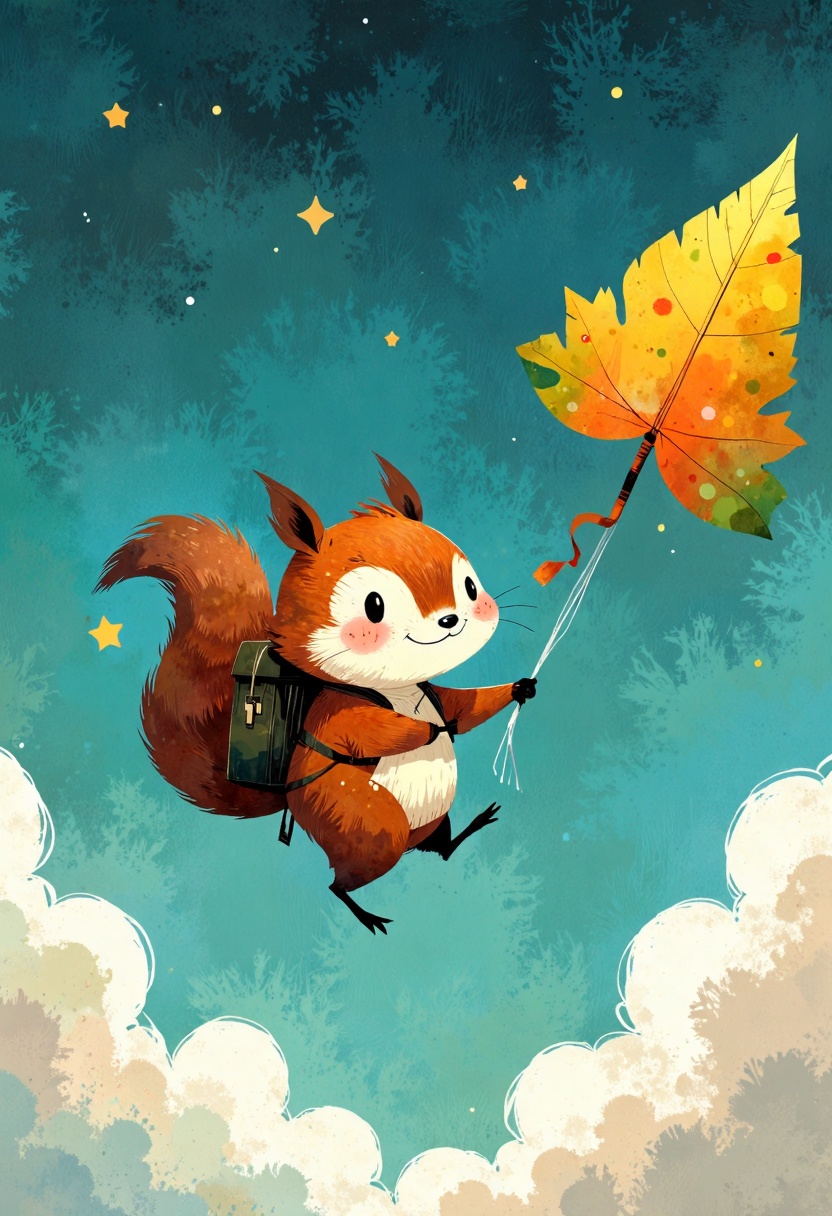 ppstorybook,  A friendly squirrel with a tiny backpack,  soaring through the sky on a leaf-shaped kite on Tensor.Art