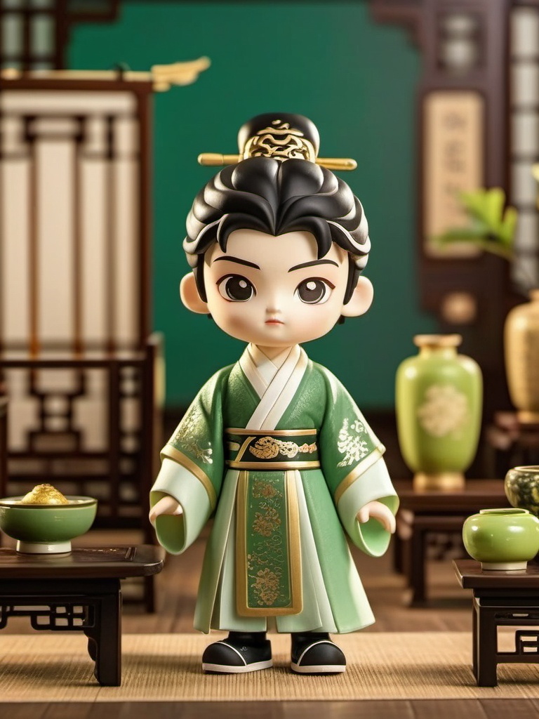 manghe,c4d, A super detailed figurine of a young Chinese dude in traditional gear, rocking a green kimono with fancy gold patterns, white sleeves, and black kicks. His black hair is styled in a high bun with a small ornament. The backdrop shows a chill indoor scene with wooden furniture, a vase, and a window. The figurine's got a soft, realistic vibe, with soft lighting and intricate textures.,<lora:manghe_v1-000010:0.8>