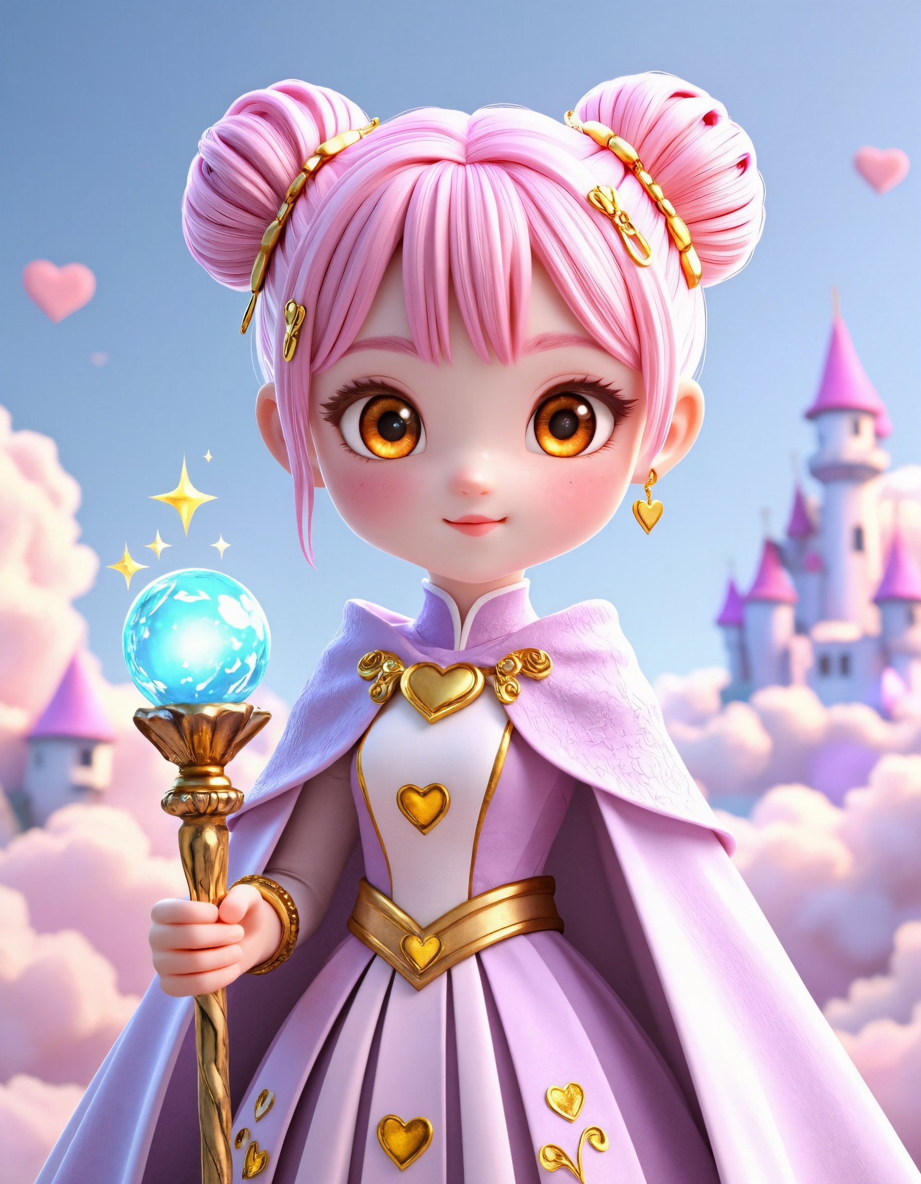 A charming and whimsical 3D anime-style magical girl with pink hair styled in twin buns,  wearing an elegant and intricate...