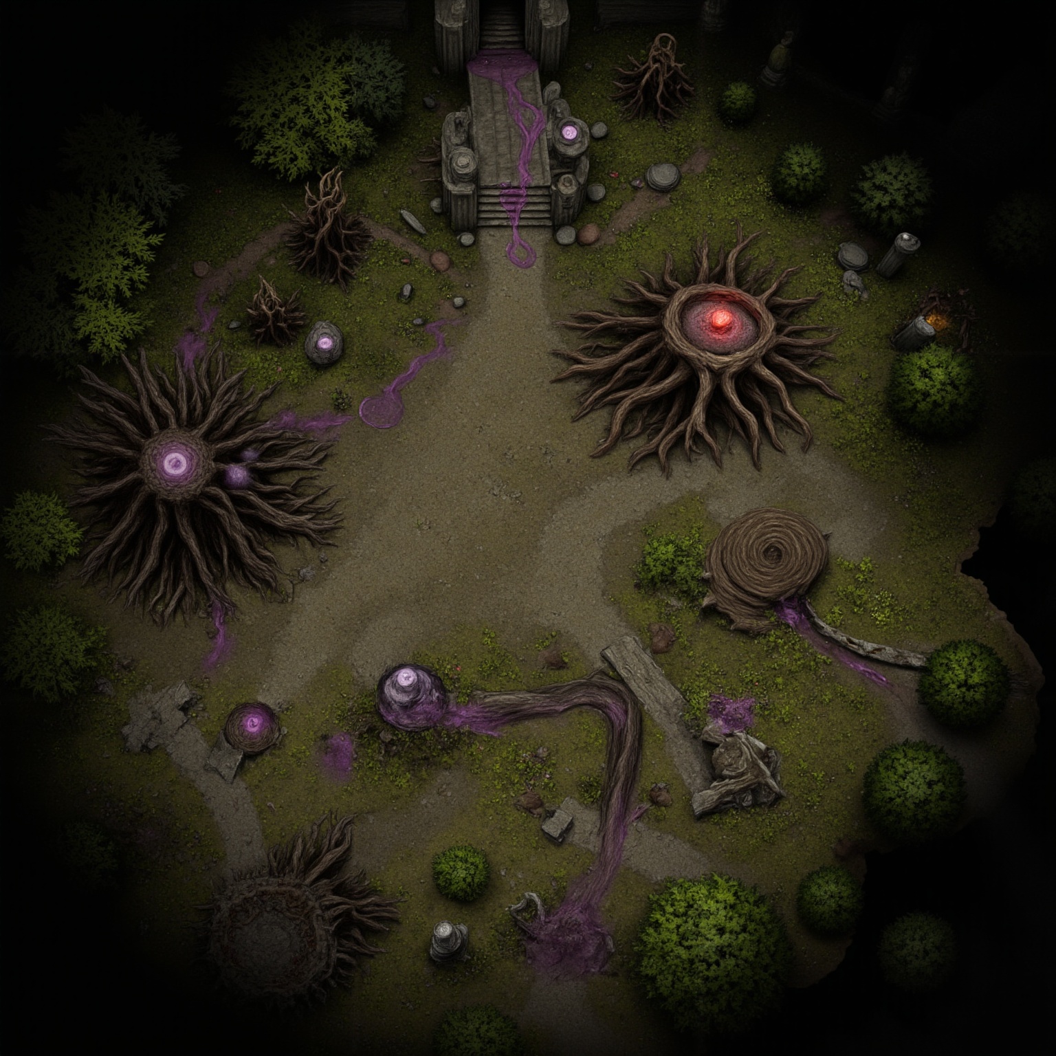 Top-down view of a haunted forest with twisted,  leafless trees,  purple mist curling around gnarled roots on Tensor.Art