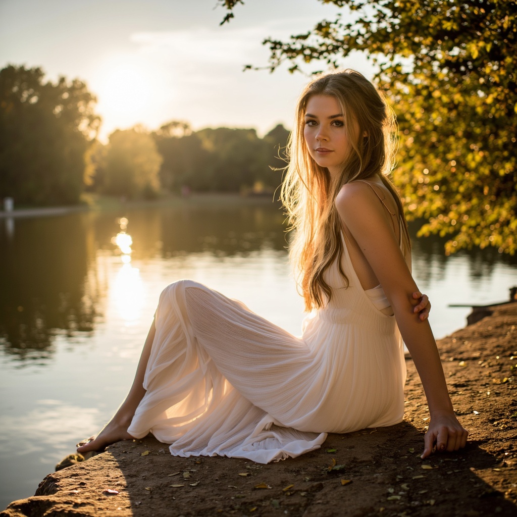 A portrait of elise_trouw seated on a stone ledge by a serene lake. The setting sun casts a warm, golden glow over the scene. The woman wears a flowing white dress and her blonde hair is styled in loose waves. Her pose is contemplative; one arm rests on her lap and the other rests on the edge of the ledge. The surrounding trees are a blend of green and yellow, indicating autumn. The water reflects the colors of the sky, creating a tranquil atmosphere. The image conveys a sense of serenity and introspection.
