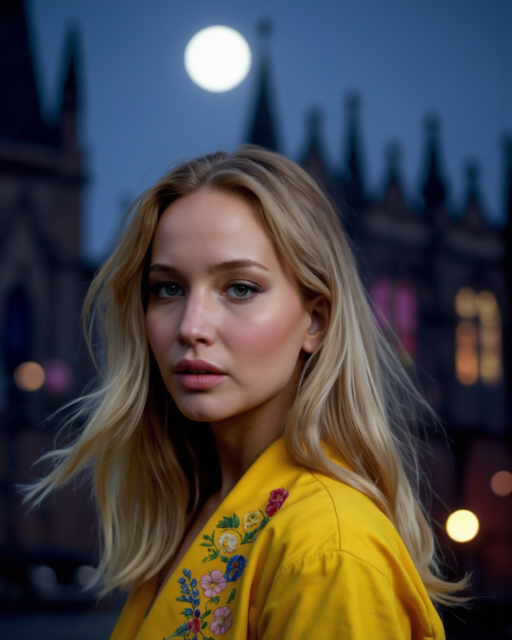 A portrait of jennifer_lawrence,  captured in a side profile. She wears a bright yellow jacket with intricate floral embro...