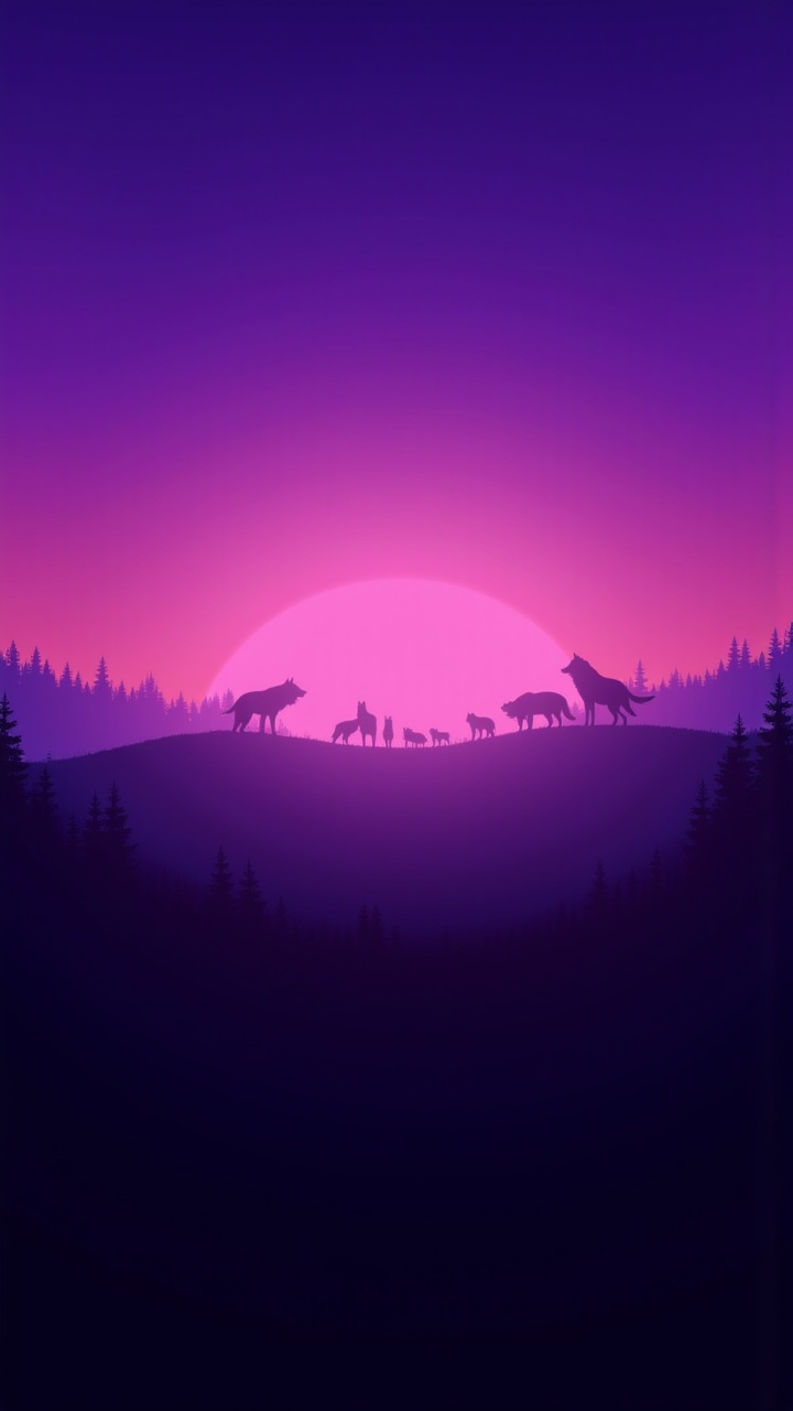 landscape of a The sky is a deep shade of purple as the sun begins to set. In the distance,  a group of wolves huddle toge...