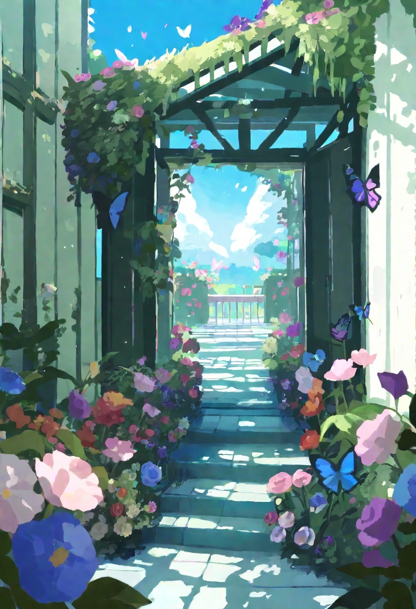 qk2, butterfly, bug, no humans, flower, cloud, sky, curtains, blue butterfly, blue sky, window, petals, sparkle, pink flower, star \(symbol\), day, rose, outdoors, plant, stairs, pink rose, morning glory, grass, bush, indoors, scenery, blue flower, falling petals, white sky, sunlight, yellow butterfly, tree, purple butterfly, dappled sunlight, blurry foreground, vines, wall lamp, purple flower, blue rose, blurry, sunflower, depth of field, potted plant, white butterfly,A beautiful garden scene. the focal point of the image is a set of stairs leading up to a white building with large windows and arched doorways. the steps are made of stone and lead up to the entrance of the building. on either side of the stairs, there are lush greenery with colorful flowers and trees. the sky is blue with white clouds and there are several butterflies fluttering around. in front of the staircase is a wooden bench with a table in the middle, surrounded by plants and flowers. the overall atmosphere is peaceful and serene, inviting visitors to explore the garden.masterpiece, best quality, newest, absurdres, safe <lora:okra_v2.0-000014:1>