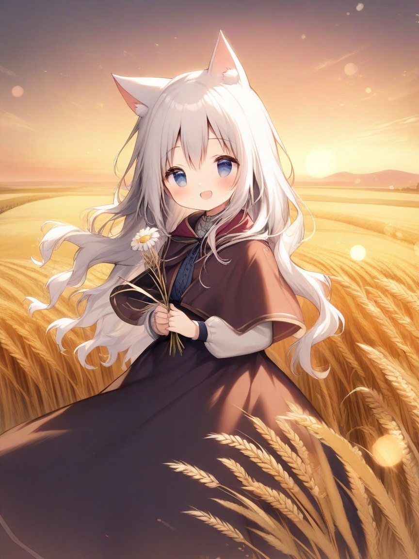 (drawn by Lynn Okamoto),center frame, sharp focus, (panorama, wide shot), best quality, masterpiece, extremely detailed, detailed background, (from above:1.2), 1girl, catgirl,solo,loli,blue eyes,white hair, closed one eye, smile, open mouth, skirt, long hair, wavy hair, on side, fluffy hair, , french , blush, smile, capelet, lace trim, bodice, sunset, long dress, dusk, scenery, gold sky, high place, horizon, wheat field, wheat ears, wind, wind blow, looking at viewer, (depth of field), bokeh, (holding a flower:1.3), (holding:1.2),(medium):0.5,<lora:shiratama_xl_cyan-000009:0.8>
