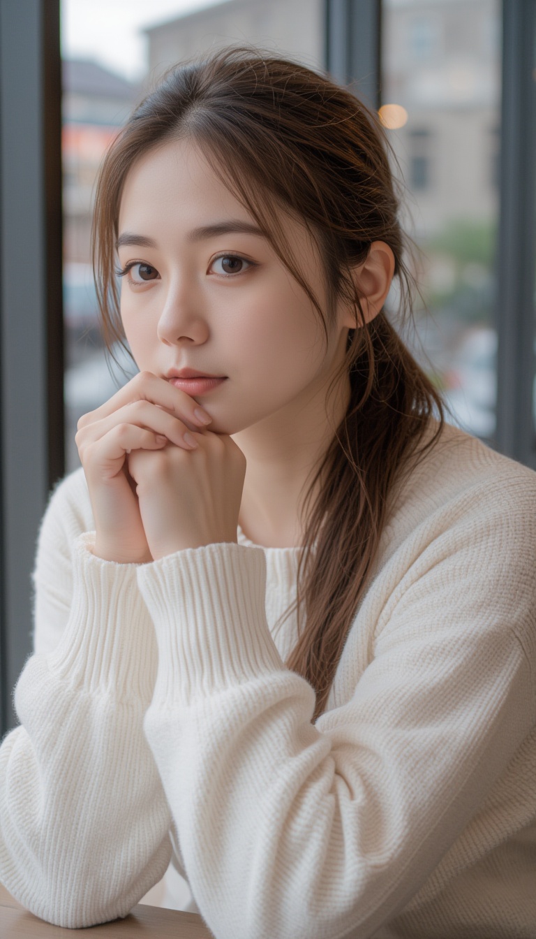 A young woman with fair skin and long brown hair tied back in a loose ponytail,  wearing a white,  long-sleeved sweater. S...