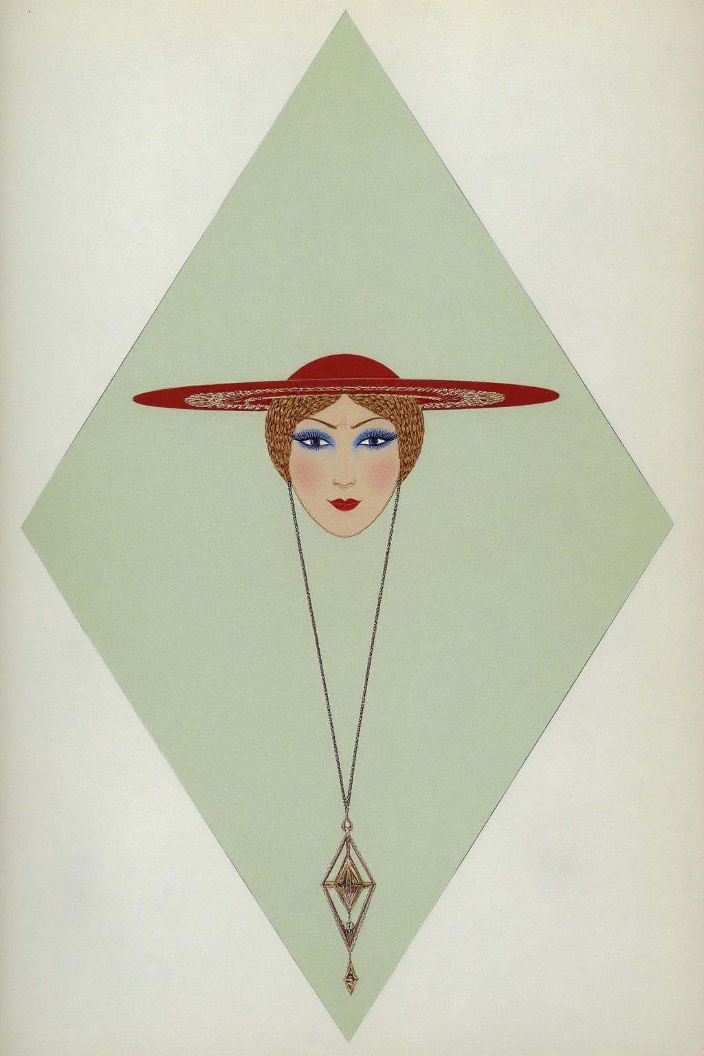 erte1 illustration. A woman's face wearing a circular,  wide-brimmed hat. The hat is decorated with a pattern that resembl...