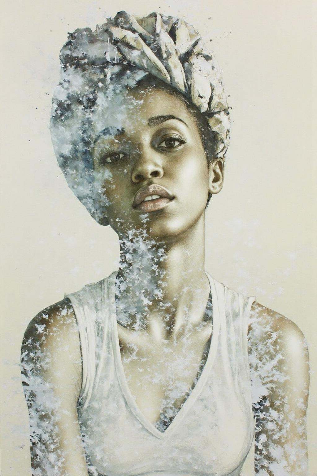 Portrait painting. An African American woman wearing a headscarf,  with a blend of dark and light tones creating a texture...