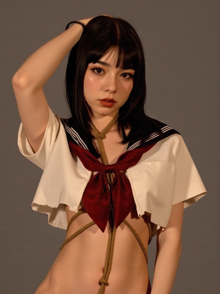 her detailed pale skin is naturally showing the texture of blood vessels,  --,  wearing Broken school uniform with rope sh...